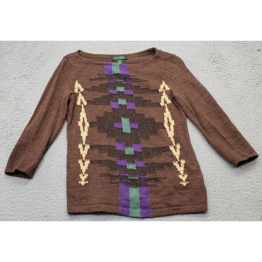 Lauren Ralph Lauren Southwest Art-to-Wear Sweater Womens Small Brown Aztec Print